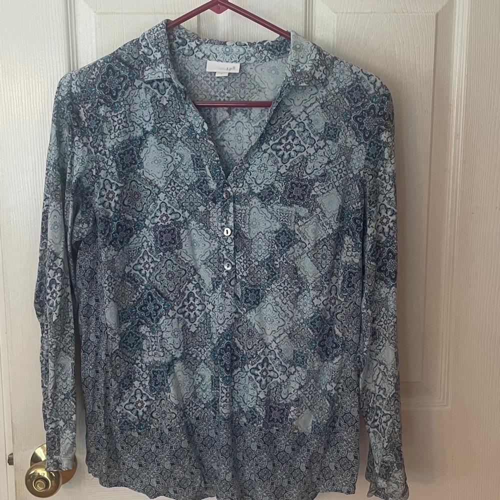 J. Jill boho beautiful Medallion Border Tunic Blue Purple Button Top
